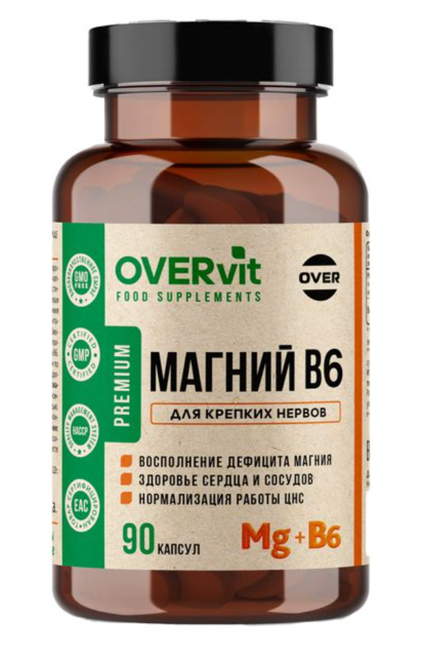 фото упаковки Overvit Магний В6, магний цитрат, витамины для нервной системы, БАД успокоительный