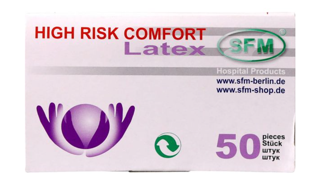 SFM Comfort High Risk Перчатки смотровые латексные текстурированные, р. M, перчатки неопудренные нестерильные, синего цвета, 50 шт.