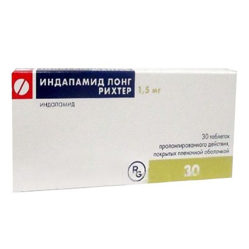 Индапамид Лонг Рихтер, 1.5 мг, таблетки пролонгированного действия, покрытые пленочной оболочкой, 30 шт.