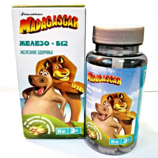 Мадагаскар железо В12 Железное здоровье, 1050 мг, для детей с 3х лет, таблетки жевательные, со вкусом фисташки и грецкого ореха, 80 шт.